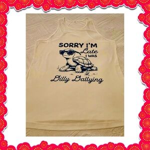 Tank top - Large -white w/dark blue lettering -turtle dilly dallying -new